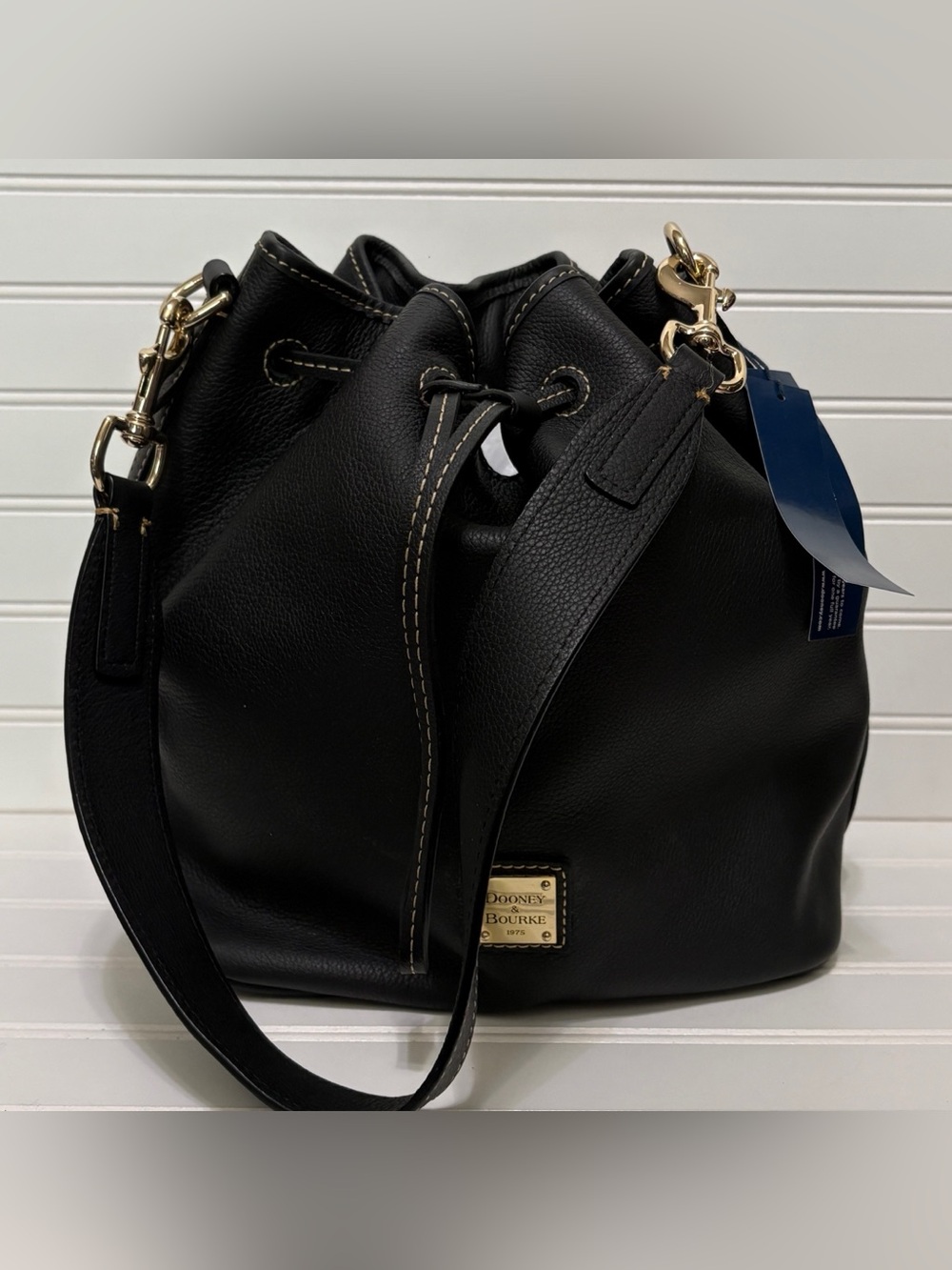 DOONEY & BOURKE Black Pebbled Grain Leather Drawstring Bucket Bag Tote NEW